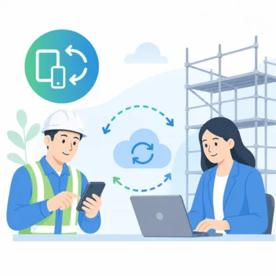現場と事務所で同じ情報を確認するイラスト